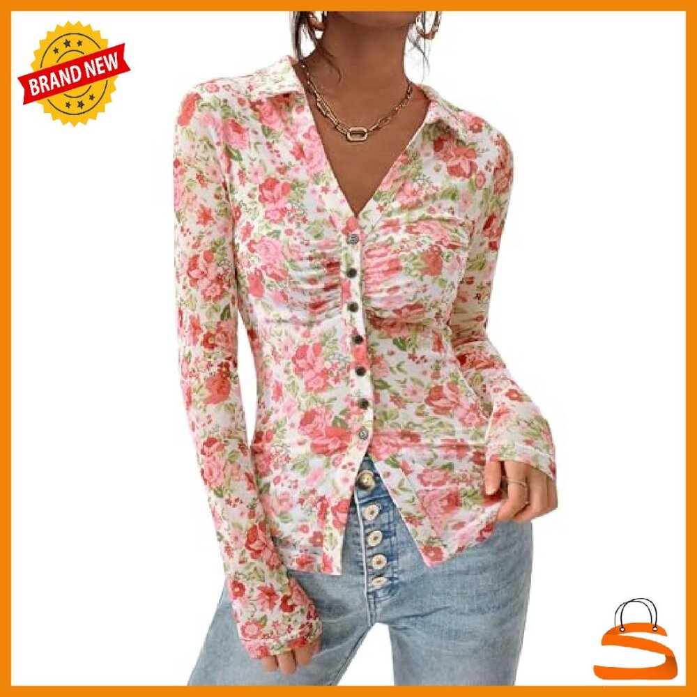 Long Sleeve Mesh Button Down Blouse V-Neck Boho Floral Top - Picture 2 of 8